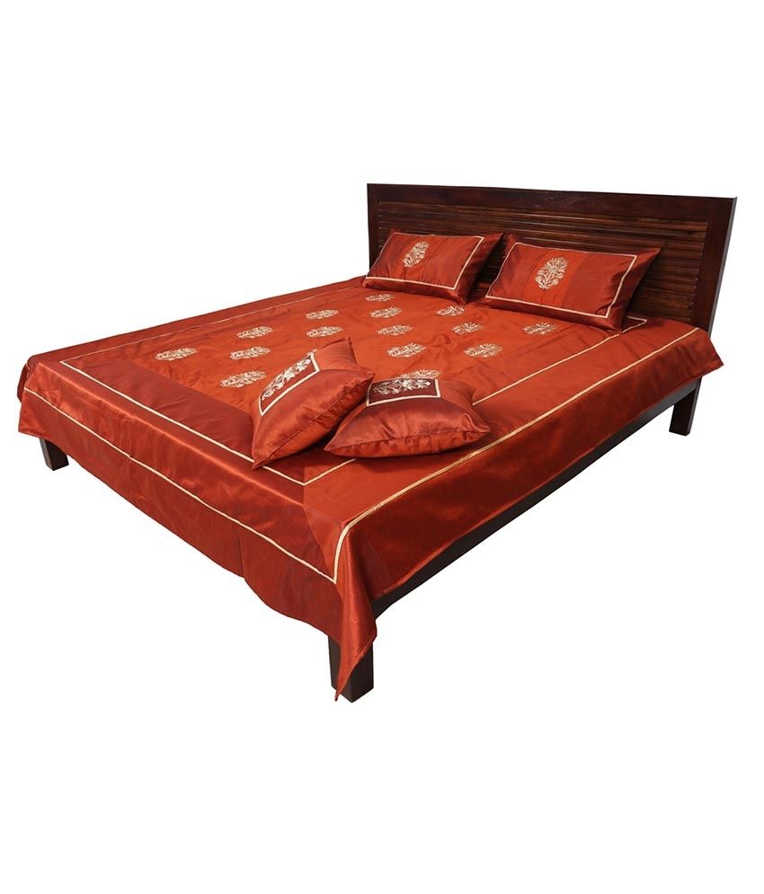 Indigenous Handicrafts Orange Jaipuri Silk Double Bedding Set 5 Pieces