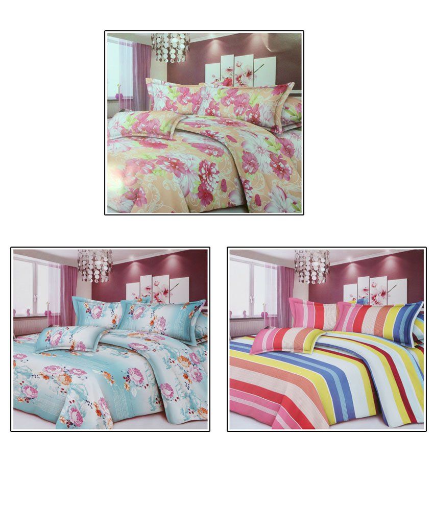 Paprika Combo of 3 Multicolor Polyester Double Bedsheet with 6 Pillow