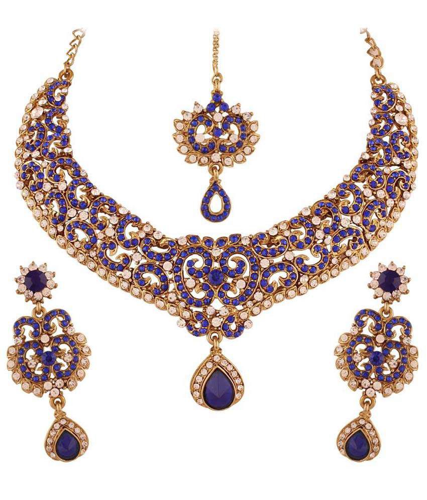 I Jewels Blue Alloy Necklace Set With Maang Tika - Buy I Jewels Blue ...
