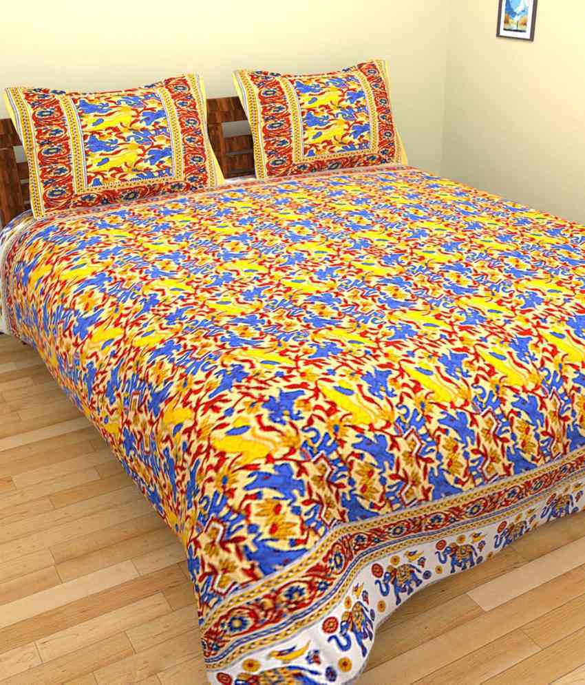     			UniqChoice Yellow Color 100% Cotton Jaipuri Traditional Mugal Print Double Bed Sheet With 2 Pillow Cover
