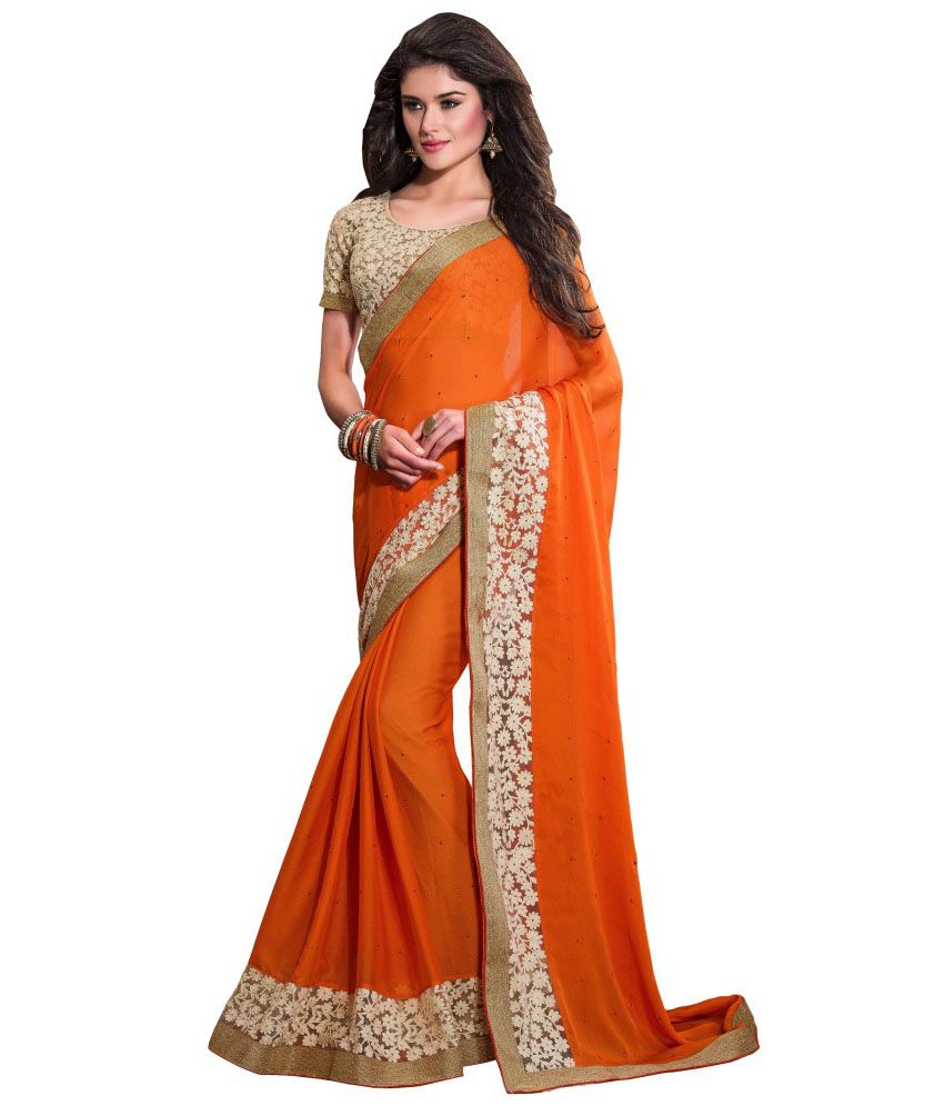 Darshita International Orange and Beige Chiffon Saree - Buy Darshita