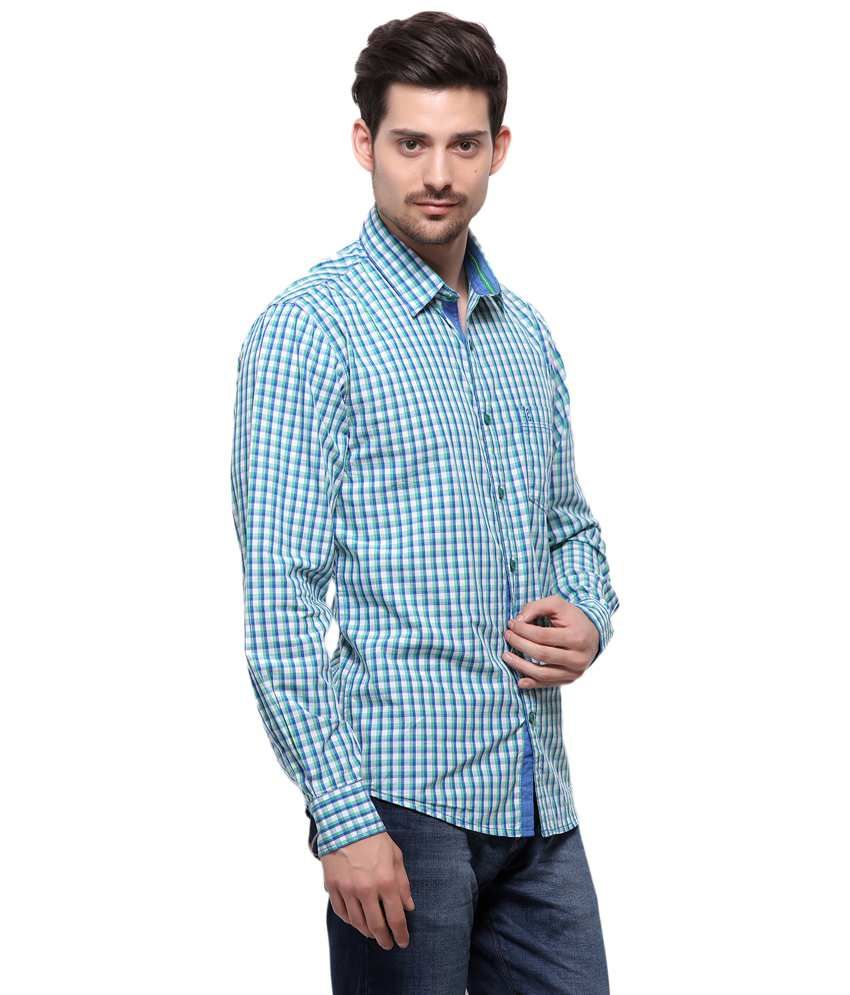 blue and white checkered shirt with tie