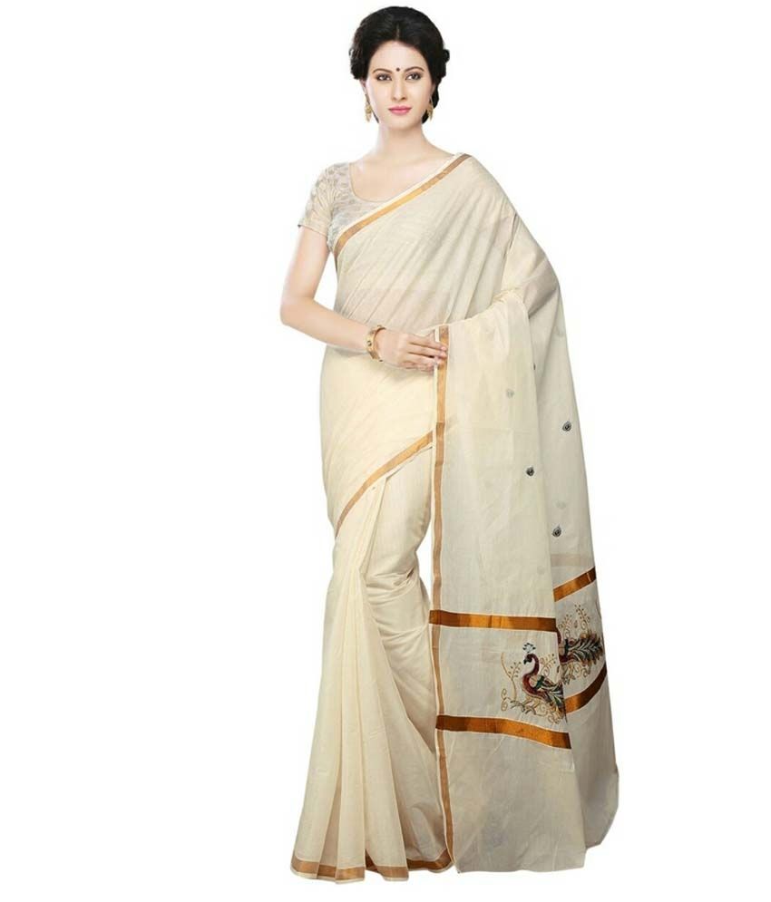     			Selvamani Tex Kasavu White Cotton Saree- Pack of 2