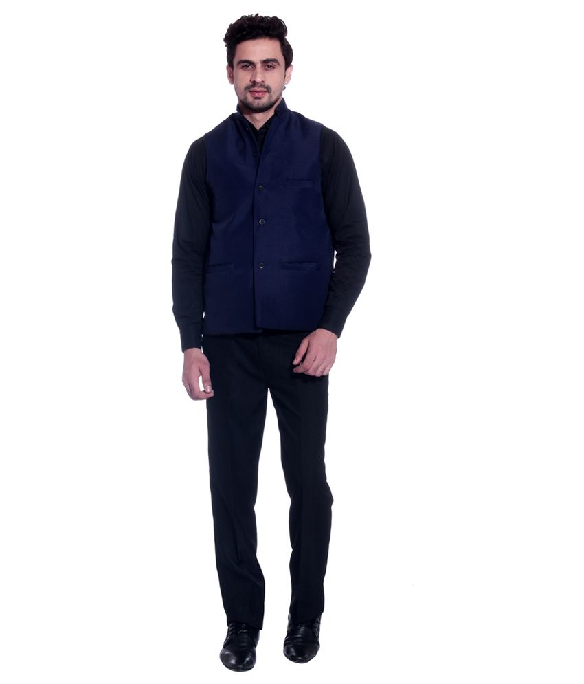 Prime Club Navy Blue Cotton Blend Nehru Jacket - Buy Prime Club Navy ...