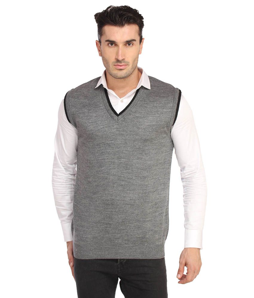 Spawn Grey Sleeveless Woolen V-neck Sweaters - Buy Spawn Grey ...