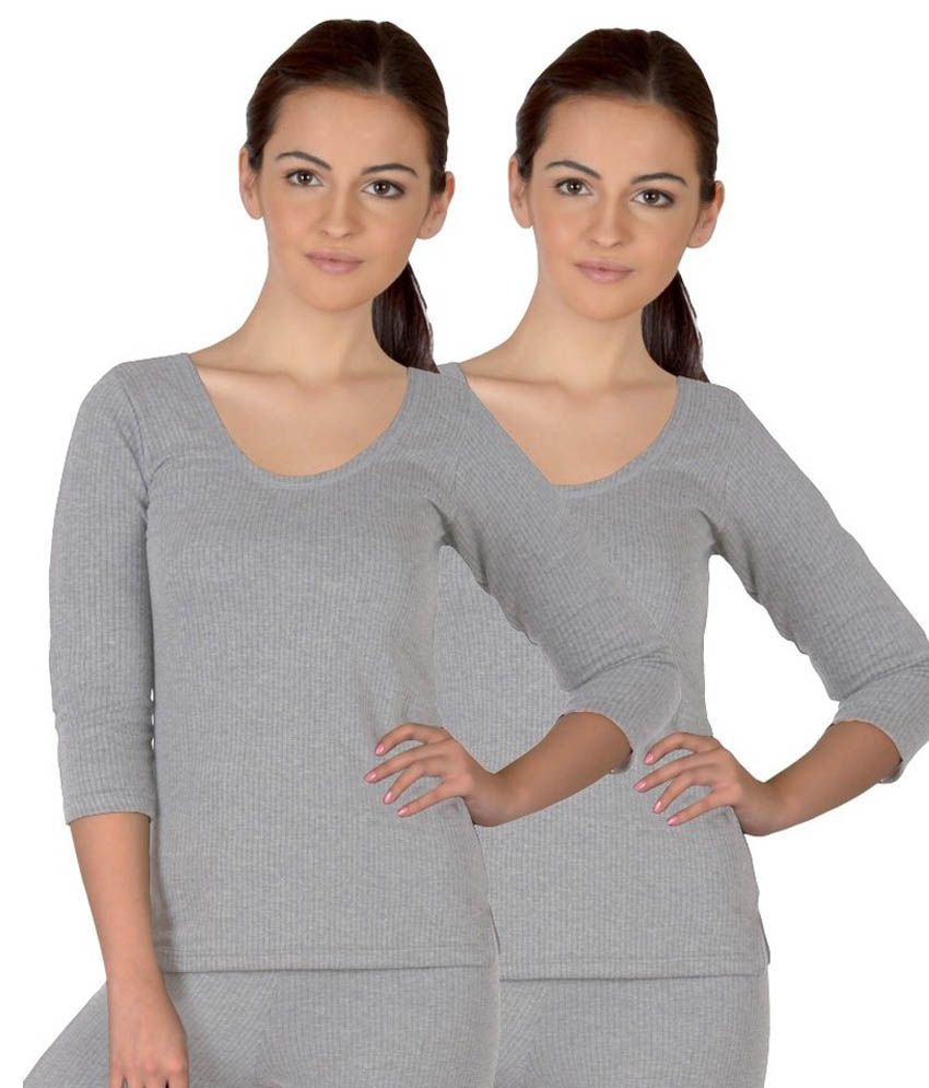    			Selfcare Grey Cotton Blend Thermal Top Set Of 2