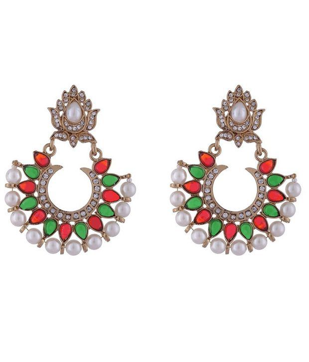     			The Jewelbox Red Green Stone Pearl American Diamond Chaand Bali Earring