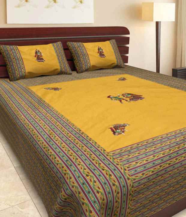     			UniqChoice 100% Cotton Rajasthani Traditional New Embroidered Patch Work 1 Double Bed Sheet 2 Pillow Cover