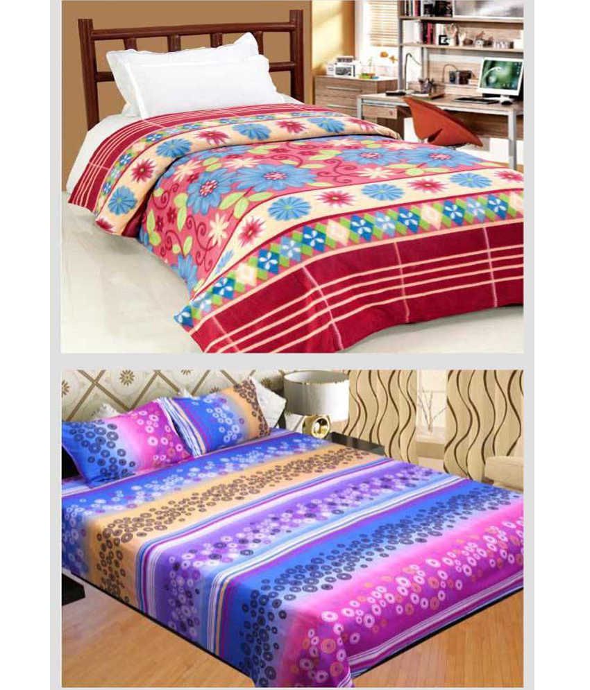 Surhome Multicolour Combo Of Fleece Blanket And Double Bed Sheet With 2