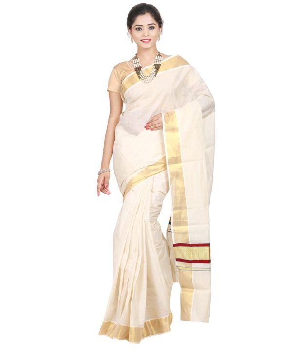 Fashionkiosks White Kasavu Cotton Kerala Traditional Saree - Buy