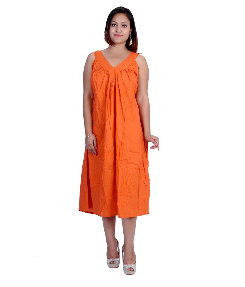 Rich Creation Orange Cotton Dresses - Buy Rich Creation Orange Cotton Dresses Online at Best 