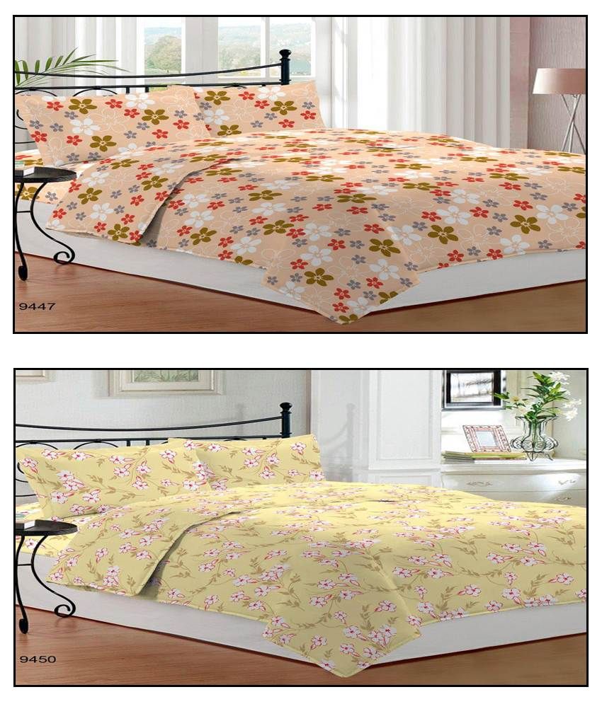 Bombay Dyeing Peach & Yellow Poly Cotton Double Bed Sheet With 2 Pillow Covers (buy 1 Get 1