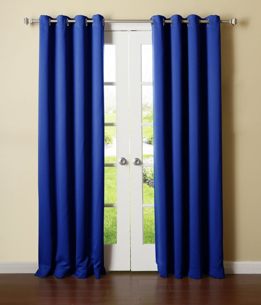     			Panipat Textile Hub Solid Semi-Transparent Eyelet Door Curtain 7 ft Pack of 2 -Blue