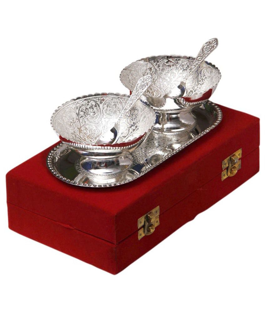 Shreeng Silver Plated Brass Bowl With Tray Set Of 5: Buy Online at Best ...