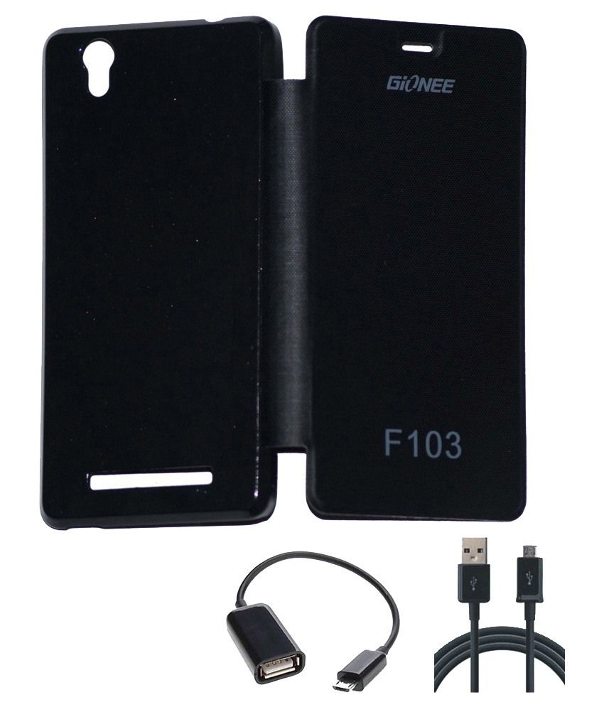 Nexme Flip Cover For Gionee F130black With Data Cable & Otg Cable