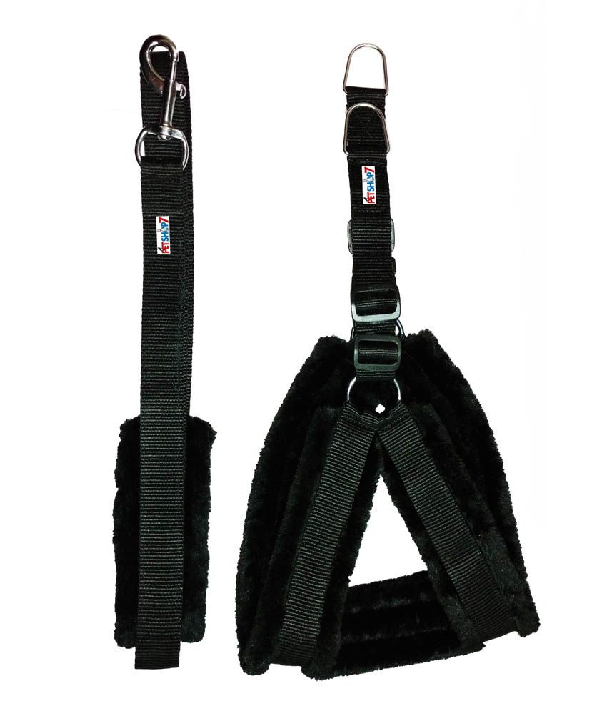     			Petshop7 Fur Padded  Nylon Dog Harness  &  Dog Leash  Medium (Chest Size - 27-32inch) Black