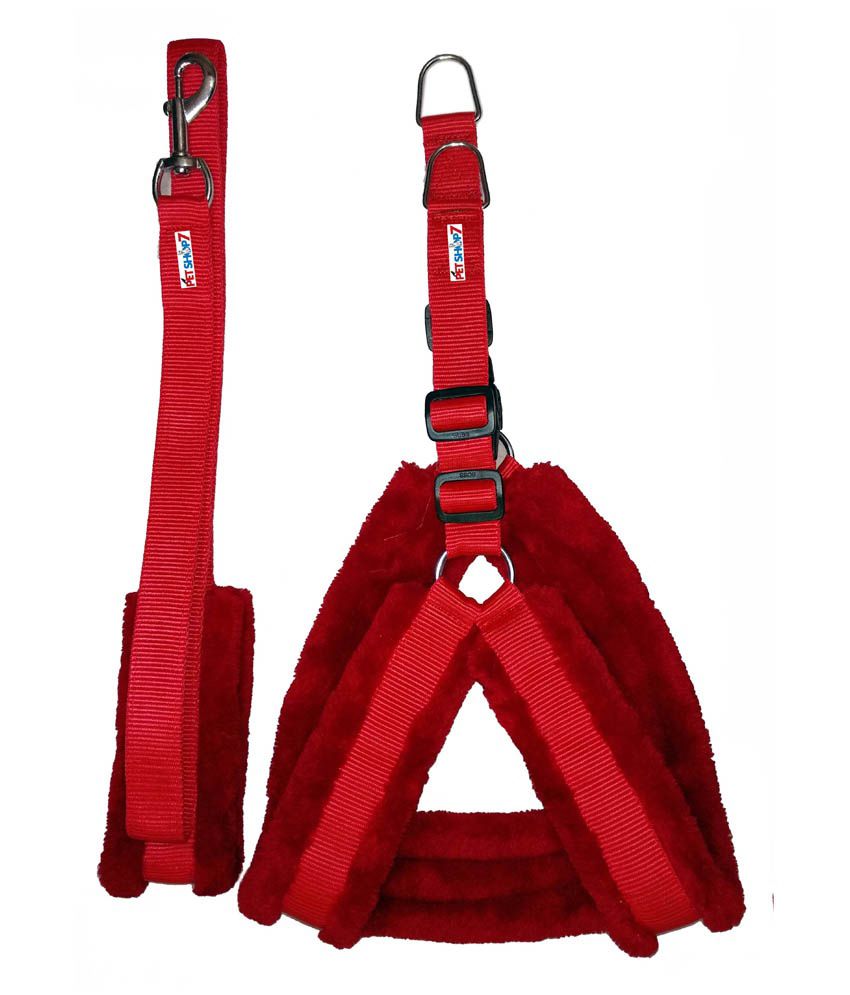     			Petshop7 Fur Padded  Nylon Dog Harness  &  Dog Leash  Large (Chest Size - 29-35inch) Red