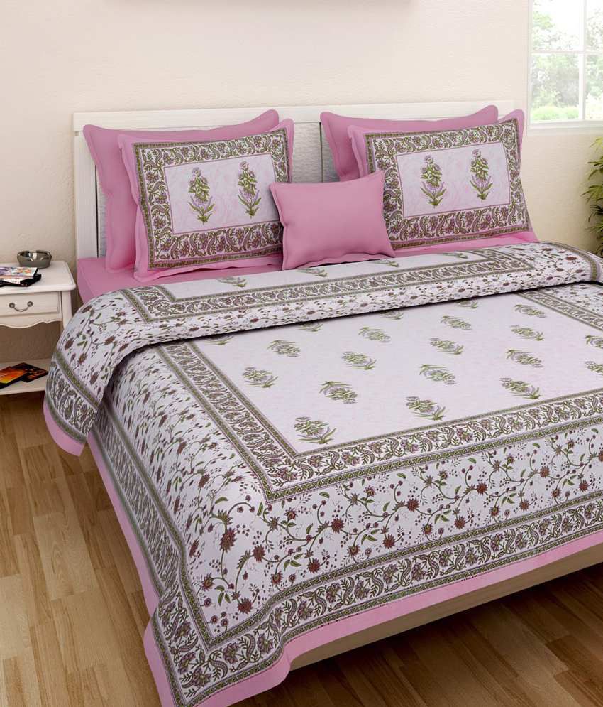     			Uniqchoice Pink Printed Cotton King Size Double Bedsheet With Two Pillow Covers