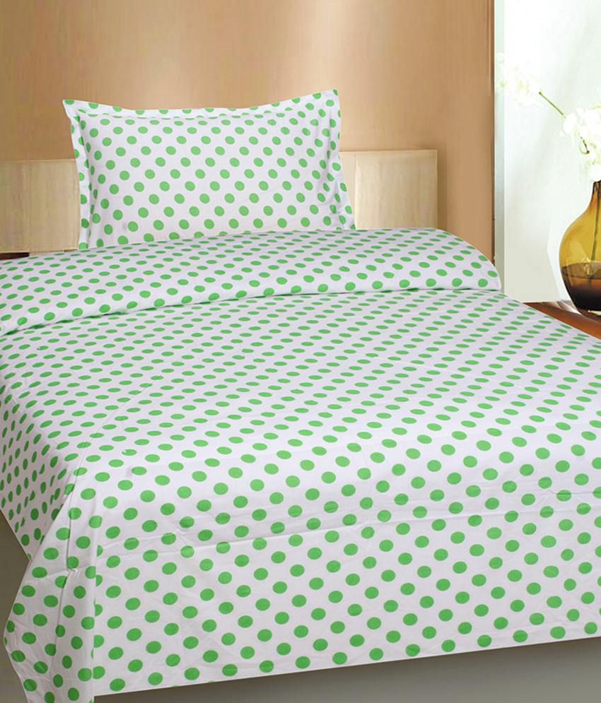     			Divine Casa Green And White Cotton Single Bed Sheet With 1 Pillow Cover