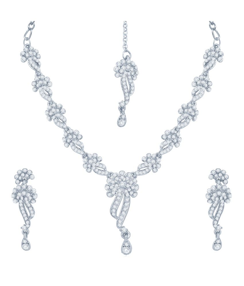     			Sukkhi White Contemporary Austrian Diamond Alloy Necklace Set With Maang Tika