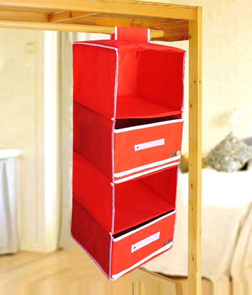 Pindia Fancy Foldable 4 Layer 2 Drawer Red Hanging Storage