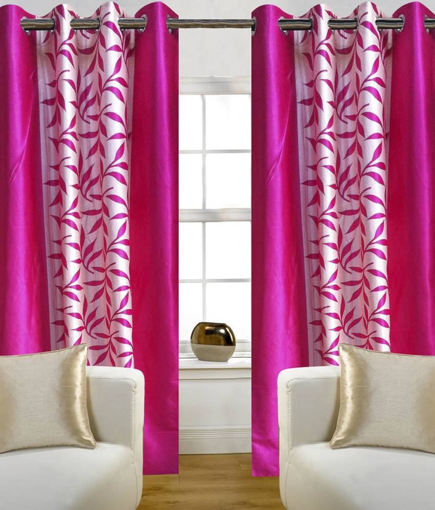     			Panipat Textile Hub Printed Semi-Transparent Eyelet Door Curtain 7 ft Pack of 2 -Pink