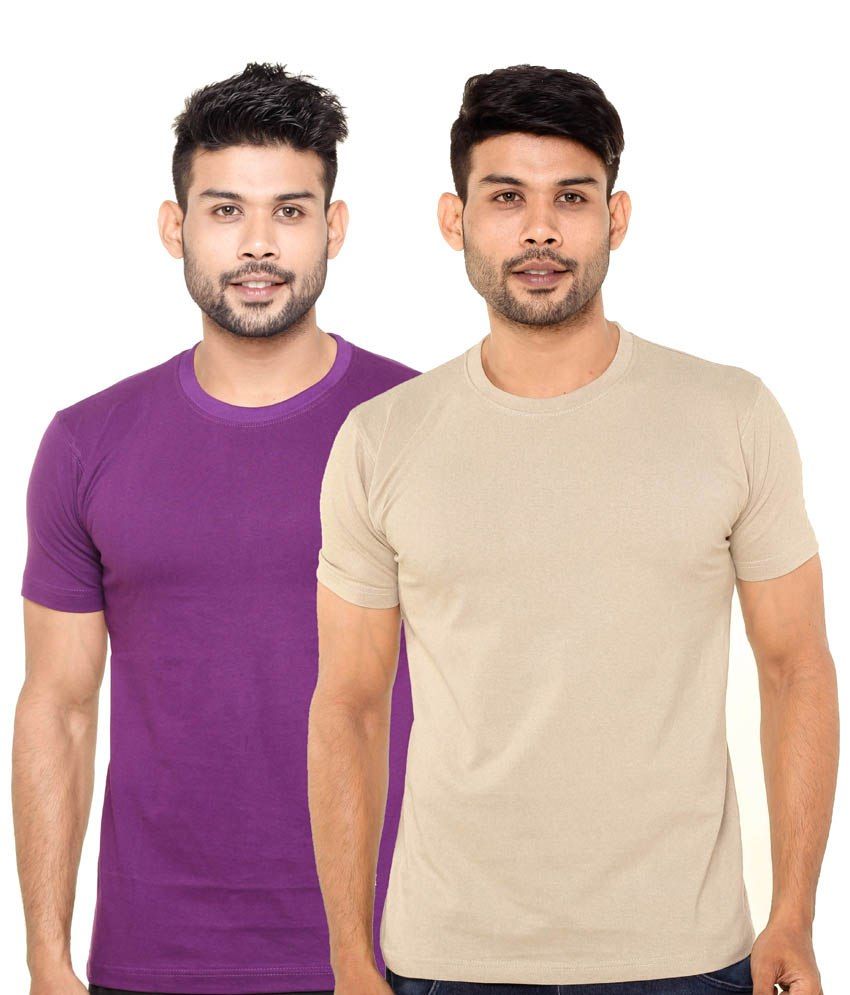     			Fleximaa Pack Of 2 Purple & Beige Cotton T Shirts