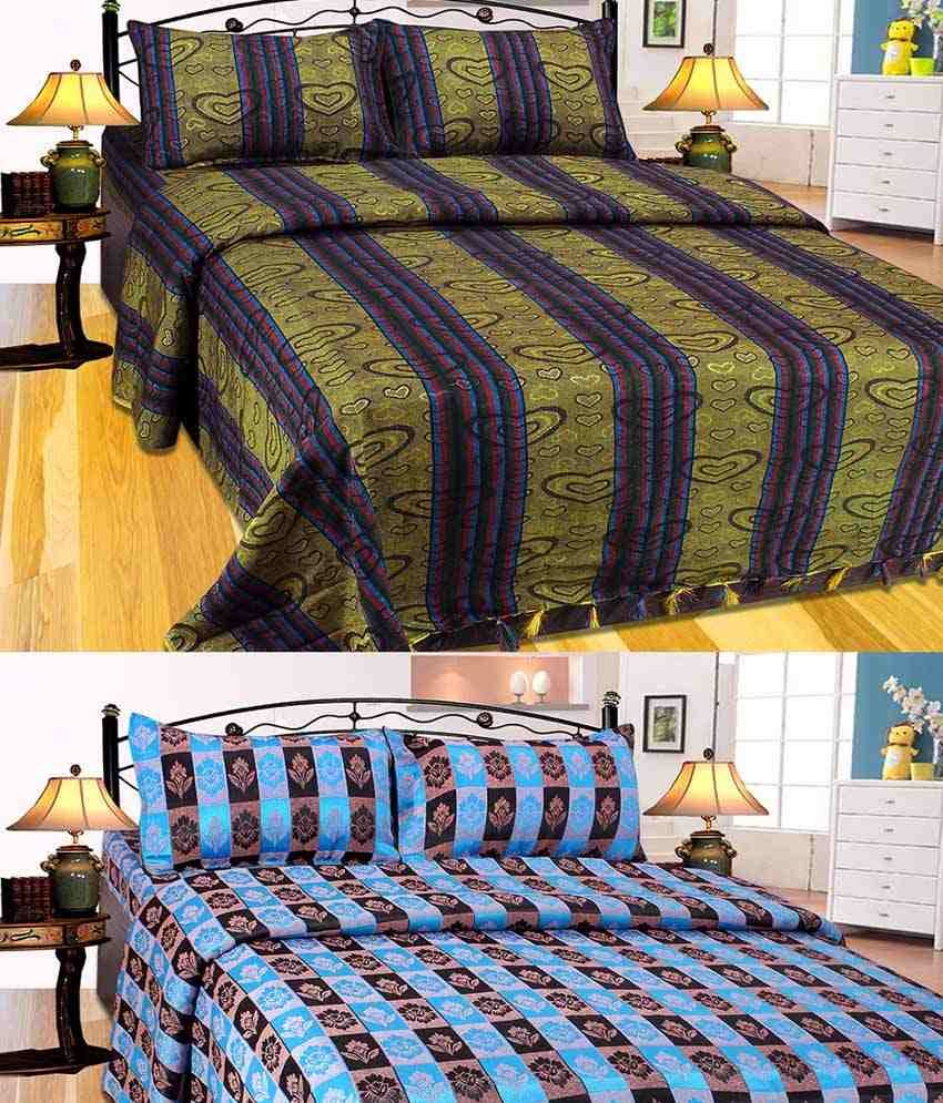 Furnishing Zone Multicolor Poly Cotton 2 Double Bedsheets With 4 Pillow