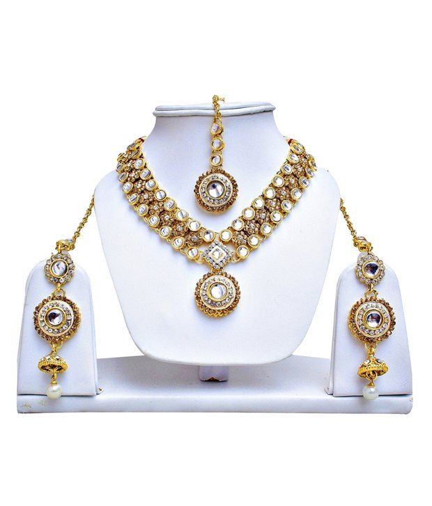 Lucky Jewellery Gold Plated Designer Necklace Set With Maang Tika: Buy ...