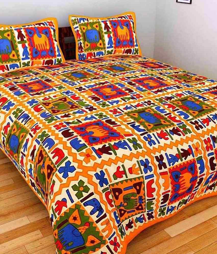     			UniqChoice Multicolor Rajasthani Cotton Double Bed Sheet With 2 Pillow Cover