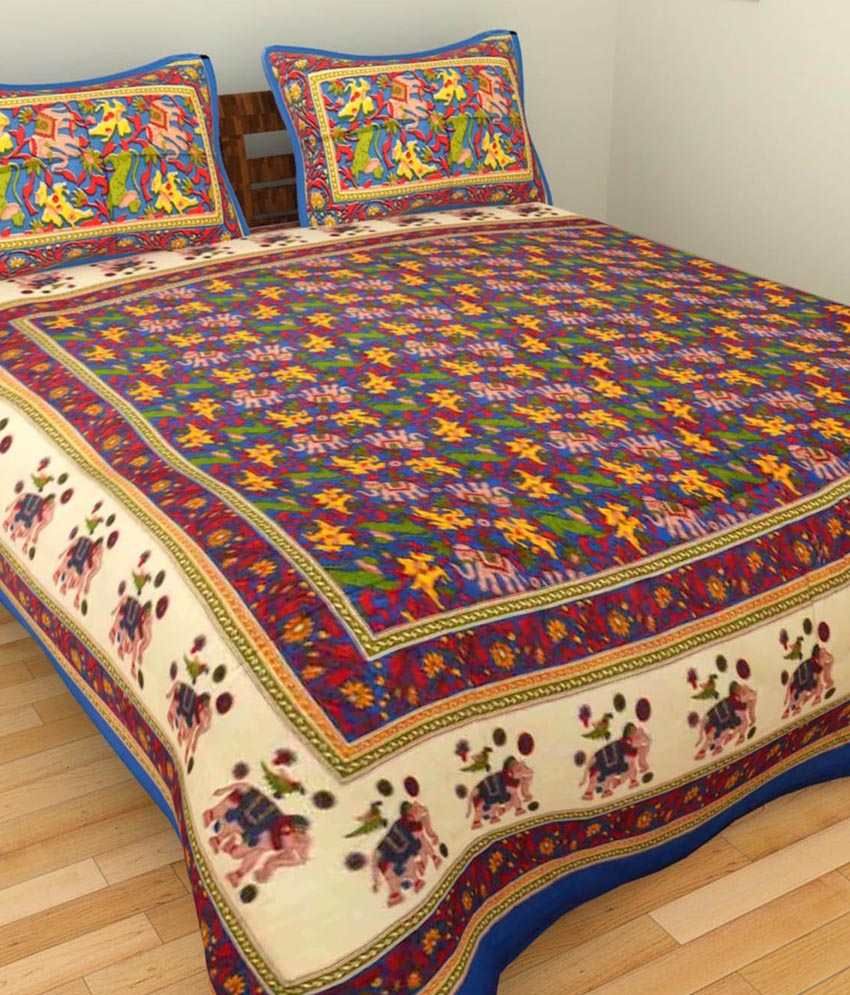     			UniqChoice Multicolor Rajasthani Cotton Double Bed Sheet With 2 Pillow Cover