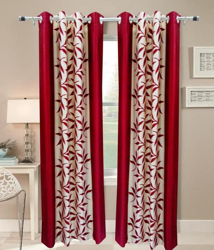     			Panipat Textile Hub Natural Semi-Transparent Eyelet Door Curtain 7 ft Pack of 2 -Red