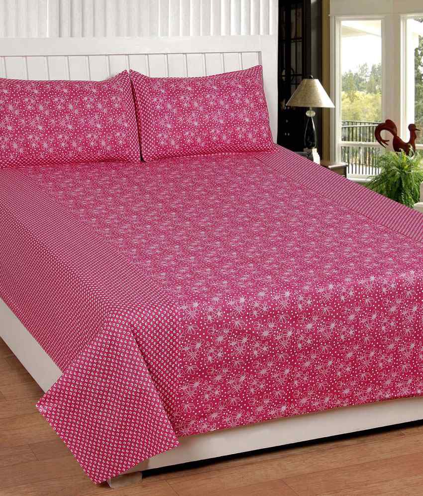     			Panipat Textile Hub Pink Cotton Double Bedsheet with 2 Pillow Cover
