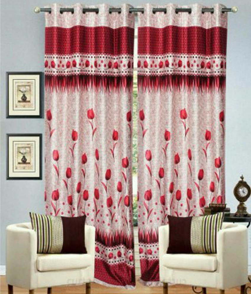     			Panipat Textile Hub Floral Semi-Transparent Eyelet Door Curtain 7 ft Pack of 8 -Red