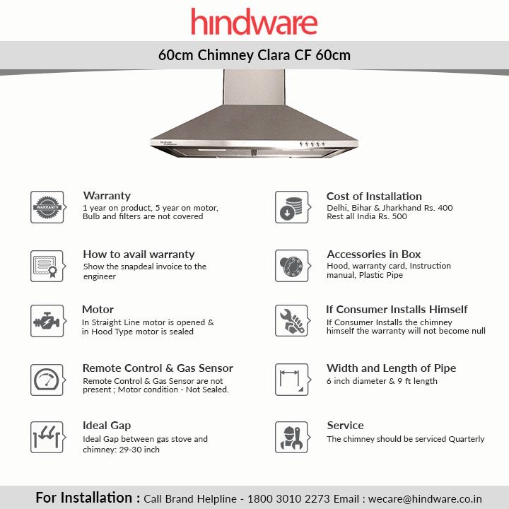 Hindware Clara 60cm 750 M3 Chimney , Chimney & Hoods