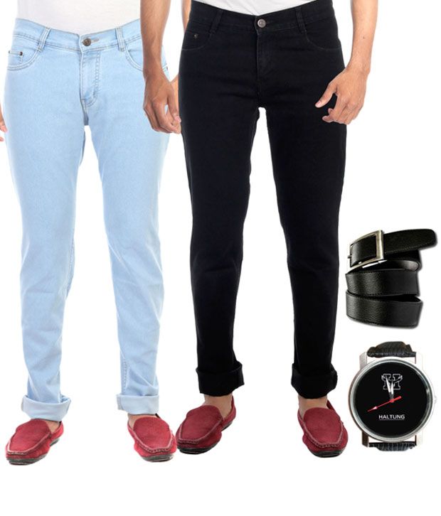 Hultung Combo Of 2 Mens Denim Jeans With Free Watch And Belt Buy