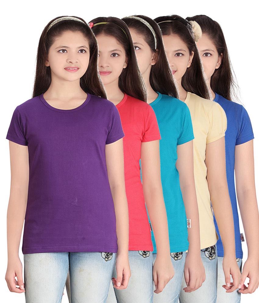     			Sini Mini Pack of 5 Girls 100% Cotton T-Shirts ( Blue )