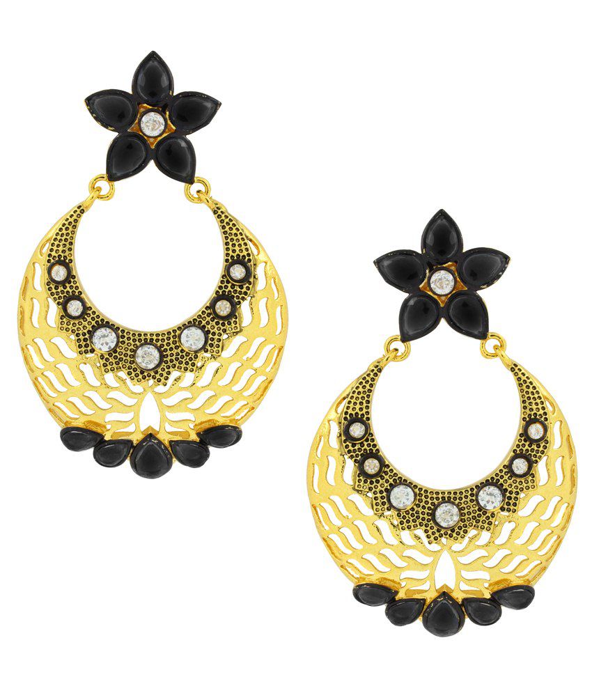     			The Jewelbox Filigree Flower Chaand Bali Black American Diamond CZ Gold Plated Earring for Women