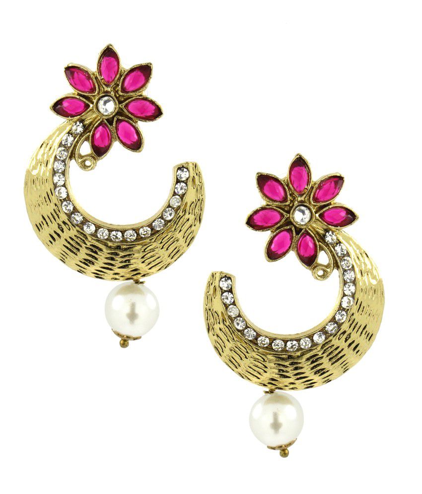     			The Jewelbox Flower Antique Gold Plated Pink Pearl American Diamond Chaand Bali Earring for Women