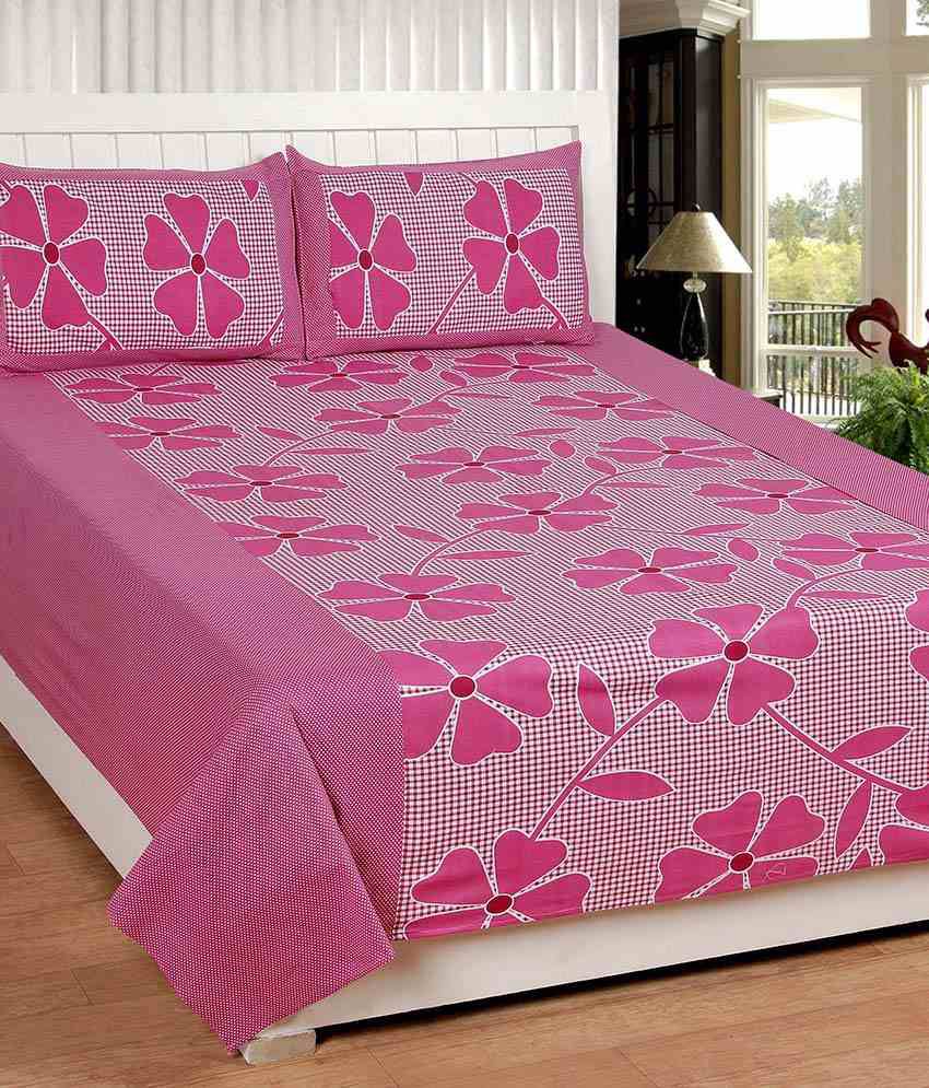     			Panipat Textile Hub Pink Cotton Double Bedsheet With 2 Pillow Covers