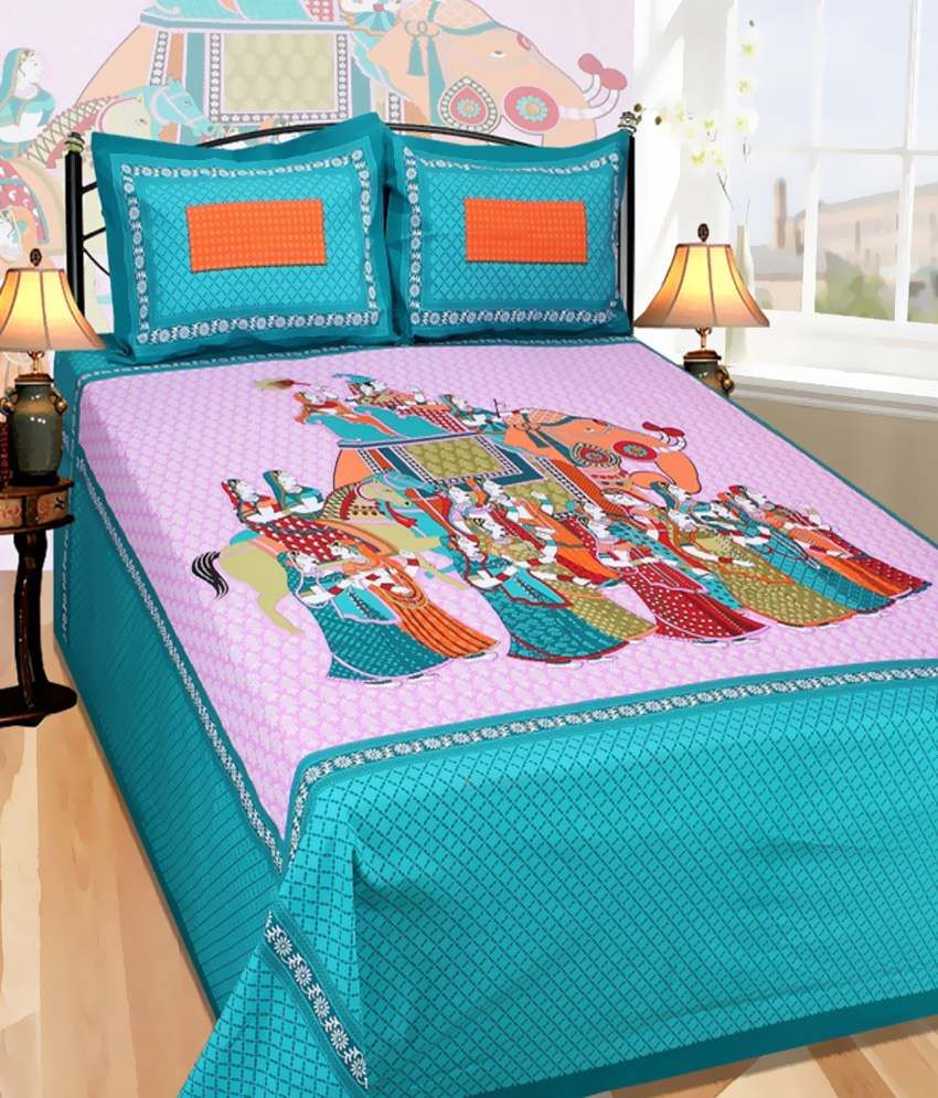 Panipat Textile Hub Multicolour Cotton Bedsheet With 2 Pillow Cover