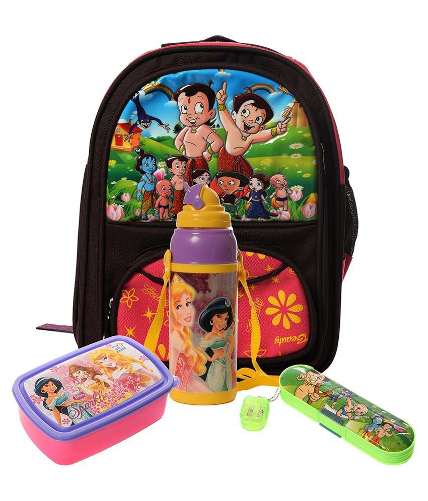     			KKD Plastic Multicolor Barbie Water Bottle And Lunch Box With Bheem School Bag And Pencil Box