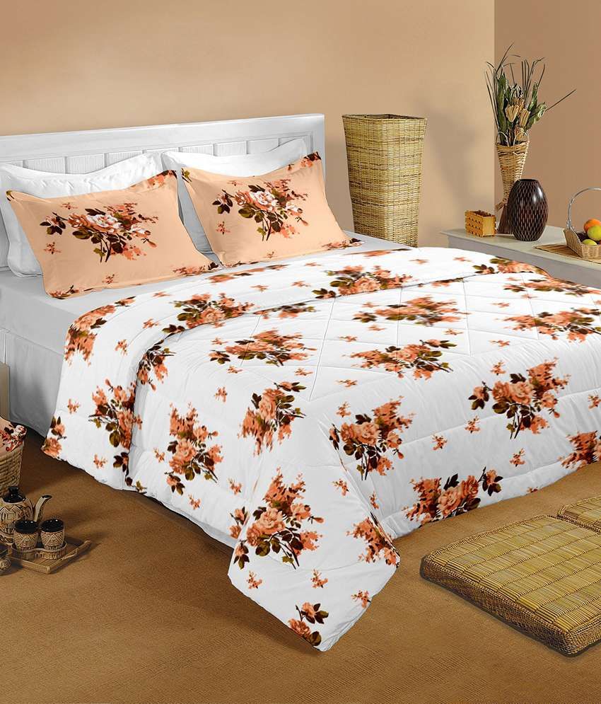 Raymond Home White and Brown Cotton Double Bedsheets with 2 Pillow