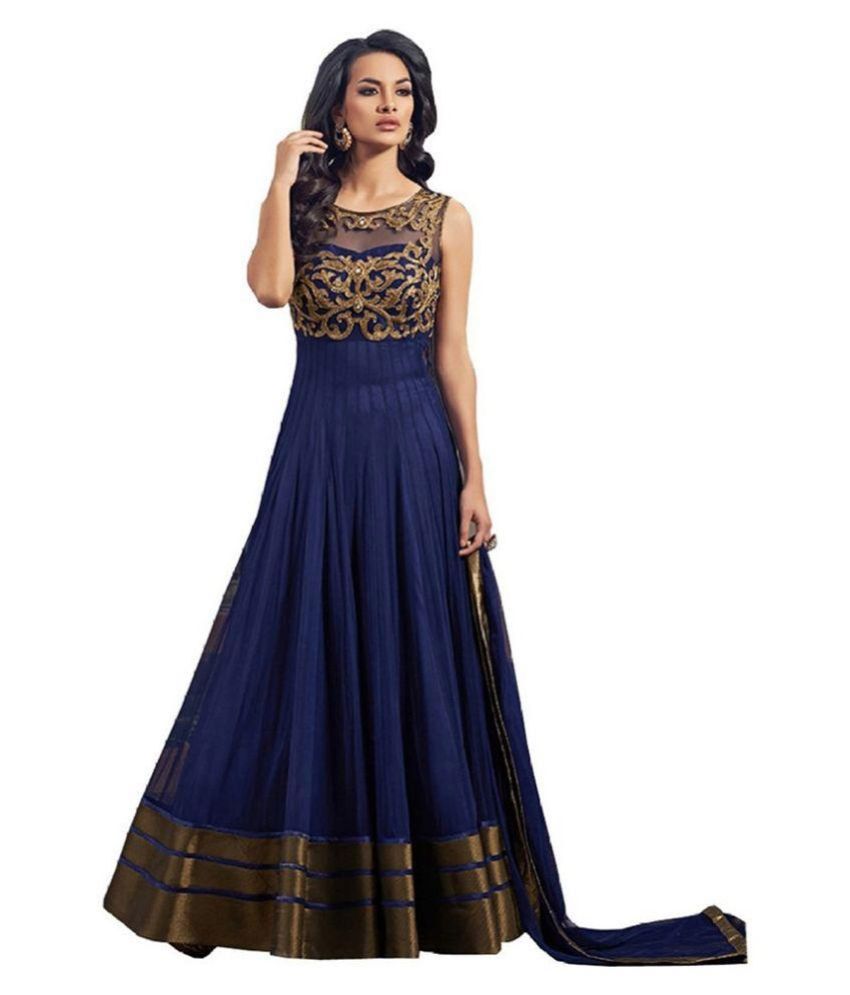 R J FEBRIC Blue and Brown Net Anarkali Gown Semi Stitched Dress ...