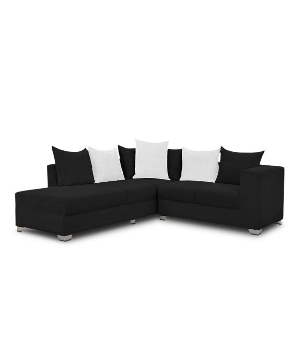 S K Furniture Terria Black L Shape Sofa With Center Table & Pouffe