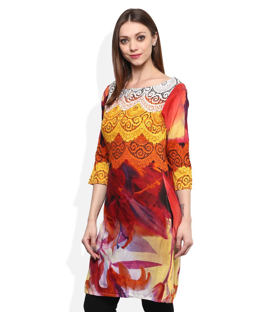 Rain & Rainbow Orange Cotton Straight Kurti - Buy Rain & Rainbow Orange ...