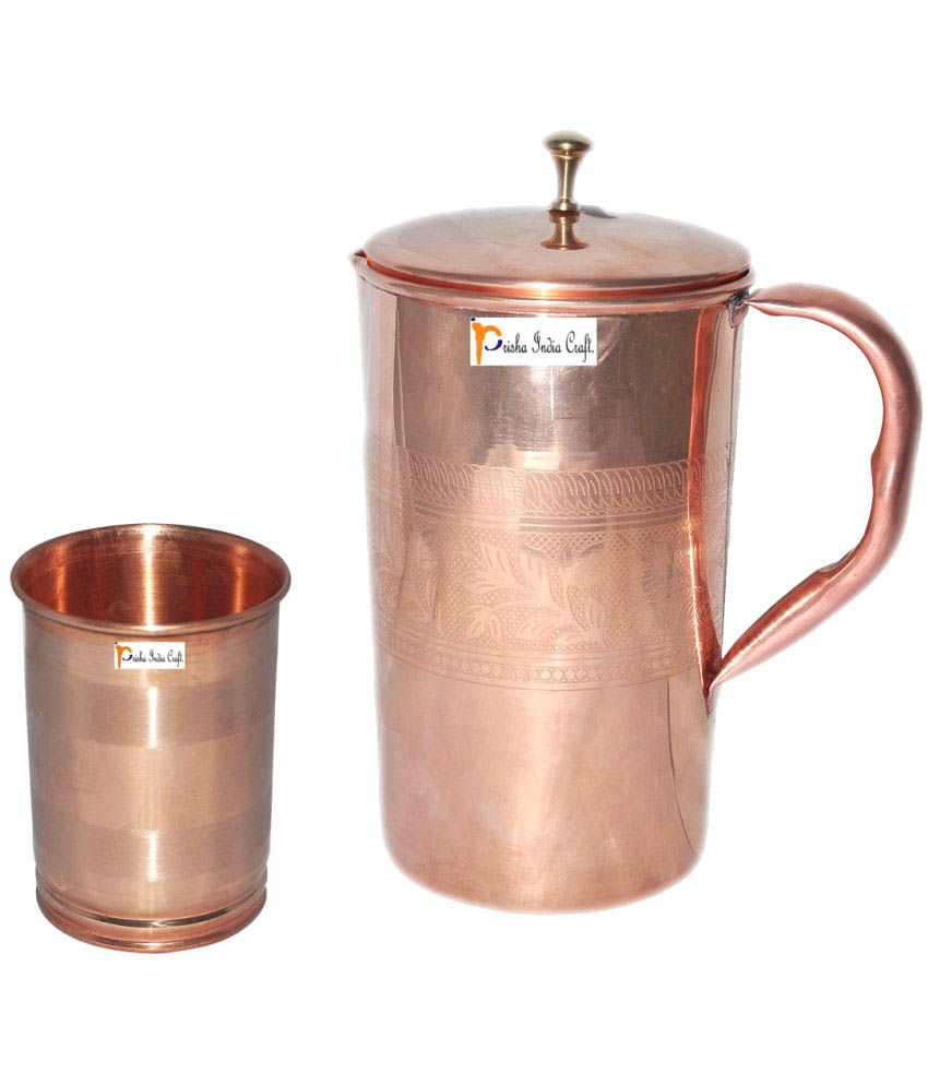 Prisha India Craft Copper Jug ( Handmade Jug 1600 ML / 54.10 oz ) with One Glass Drinkware Set of Jug and Glass