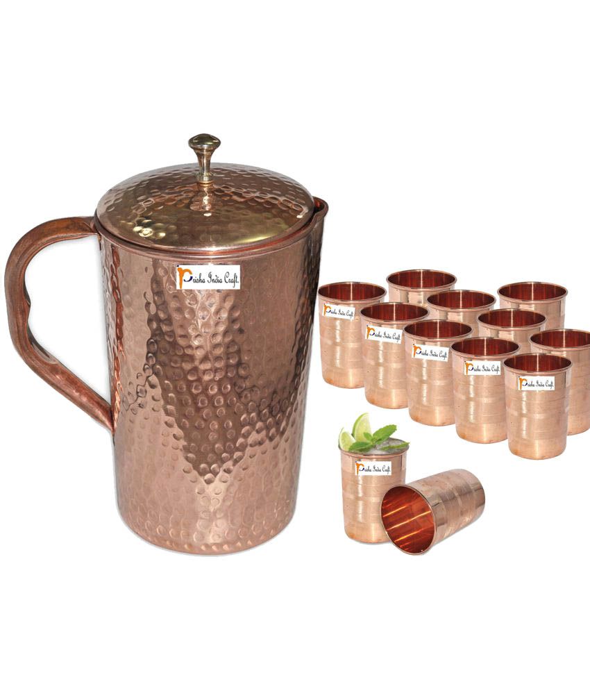 Prisha India Craft Copper Jug Hammered Jug 1650 Ml 5580 Oz With Twelve 12 Glass 4773