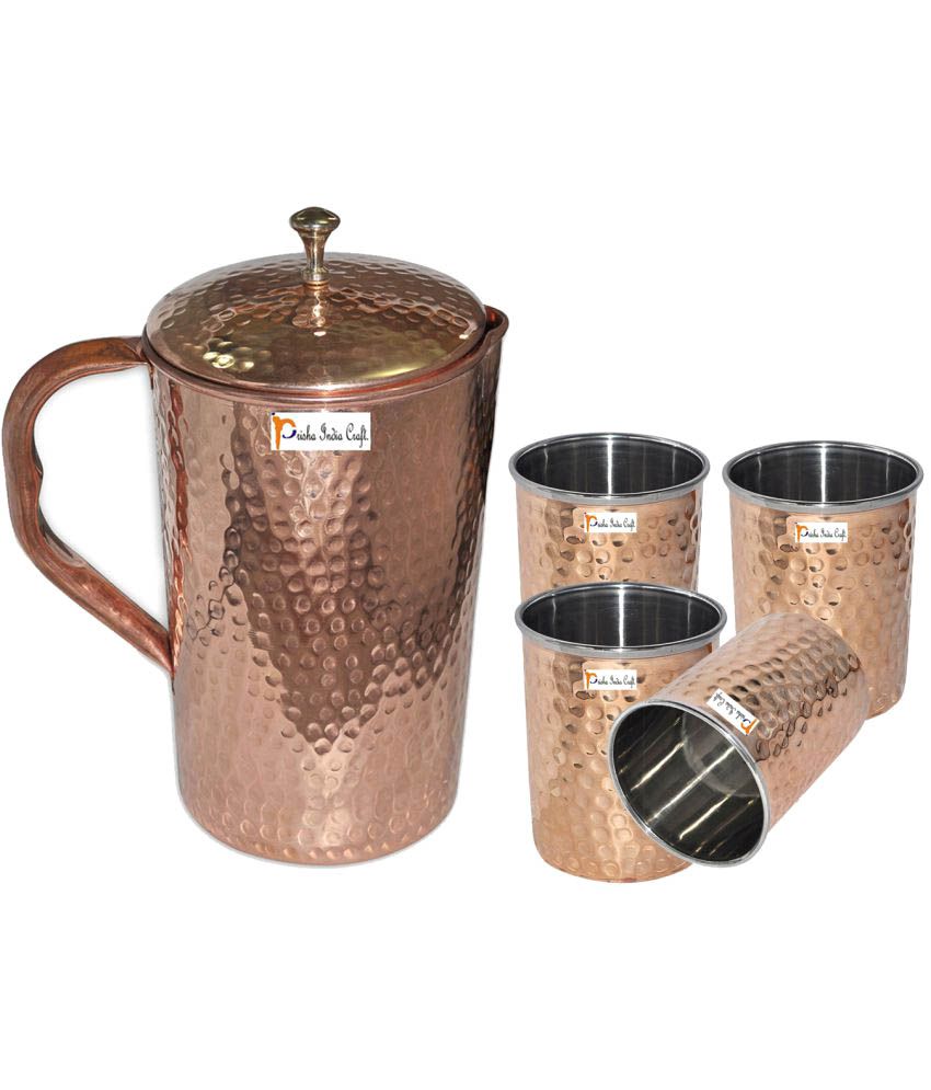 Prisha India Craft Copper Jug  ( Hammered Jug 1650 ML / 55.80 oz ) with Four Glass Drinkware Set of Jug and Glass