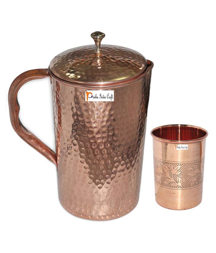 Prisha India Craft Copper Jug  ( Hammered Jug 1650 ML / 55.80 oz ) with One Glass Drinkware Set of Jug and Glass